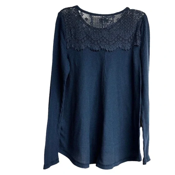 Lucky Brand size small American navy lace yoke thermal waffleknit top - Picture 6 of 6